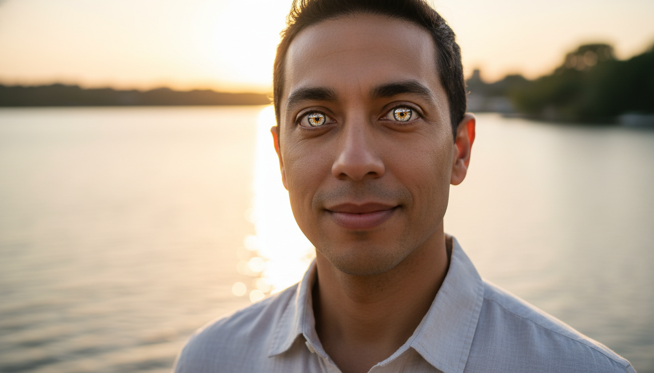 Person with clear, sparkling eyes looking confidently towards a bright horizon over Lake Austin